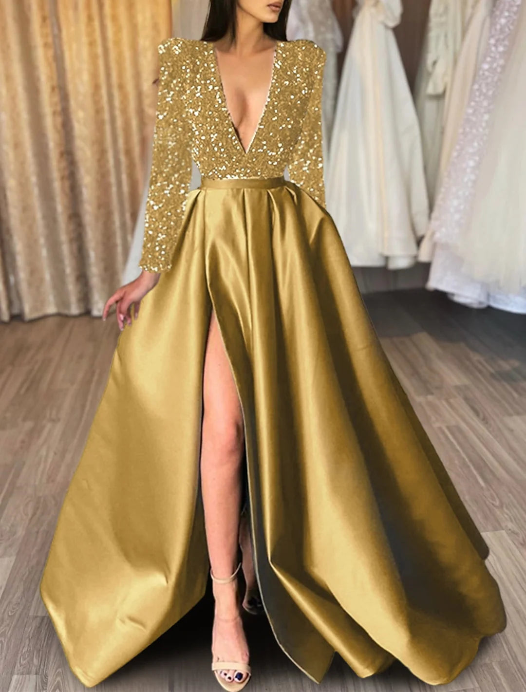 Wholesa A-Line Sequins V Neck Long Prom Dresses