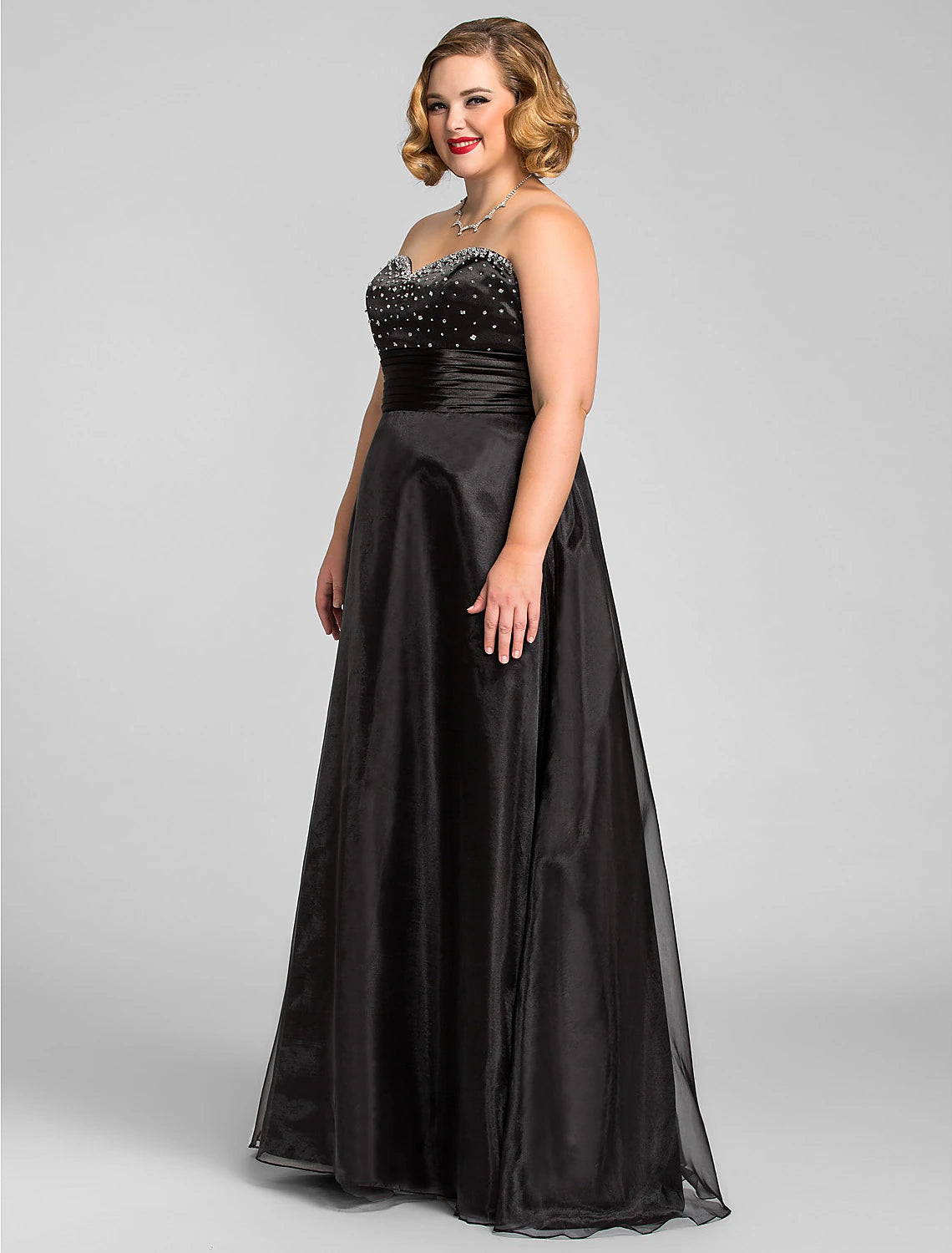 Wholesa A-Line Black Dress Prom Formal Evening Floor Length Sleeveless Sweetheart Organza with Ruched Beading