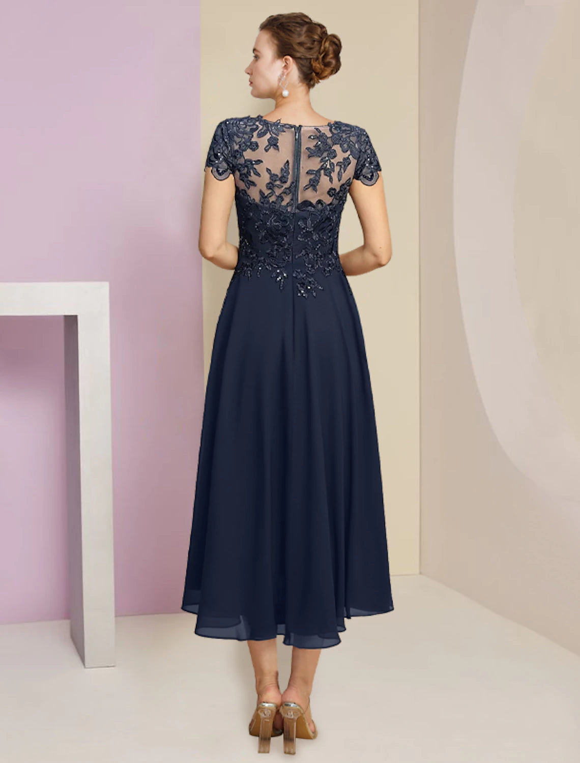 wholesale  Two Piece A-Line Mother of the Bride Dress Formal Wedding Guest Elegant Scoop Neck Tea Length Chiffon Lace Short Sleeve Fall Wrap Included with Pleats Sequin Appliques