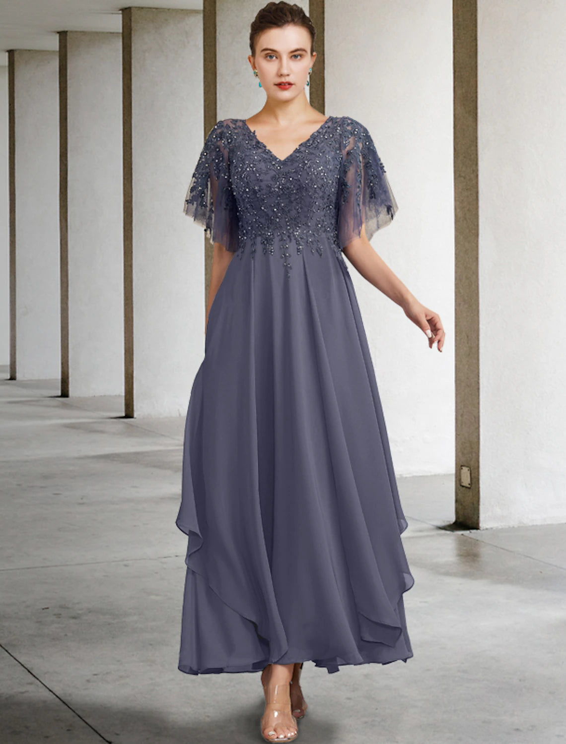 wholesale  A-Line Plus Size Curve Mother of the Bride Dress Elegant Jewel Neck Ankle Length Chiffon Lace Short Sleeve with Beading Sequin Appliques