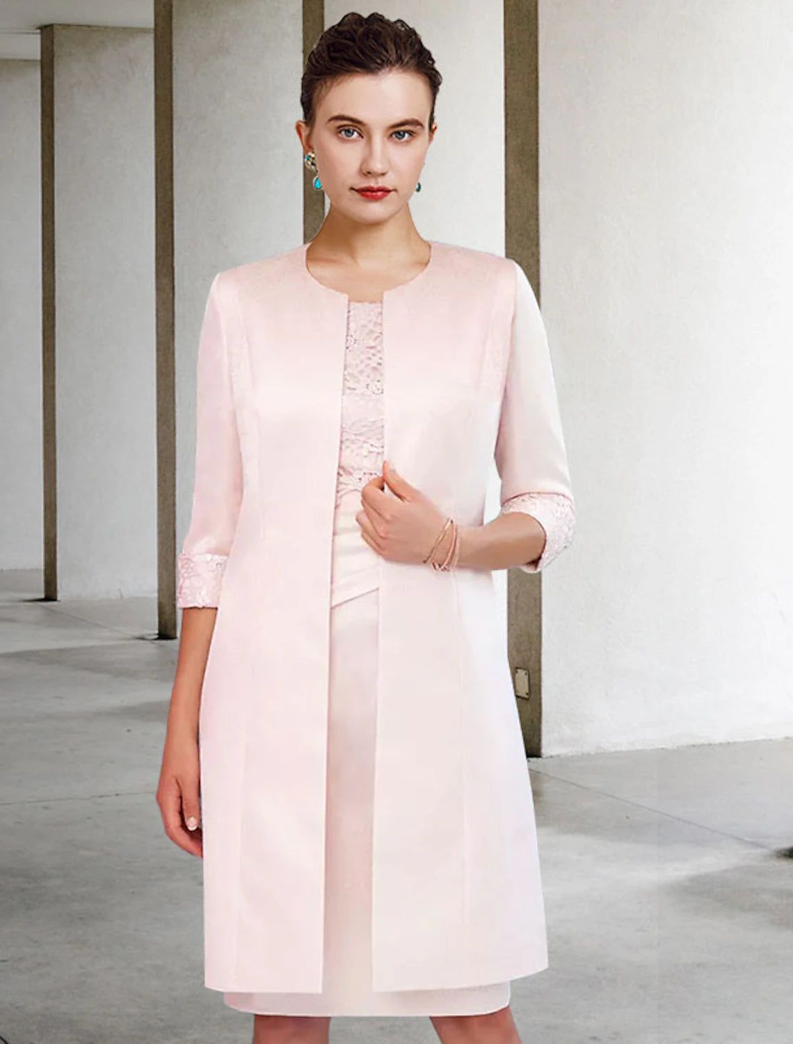 wholesale  Two Piece Sheath / Column Mother of the Bride Dress Church Elegant Jewel Neck Knee Length Satin Lace Half Sleeve Jacket Dresses with Side-Draped