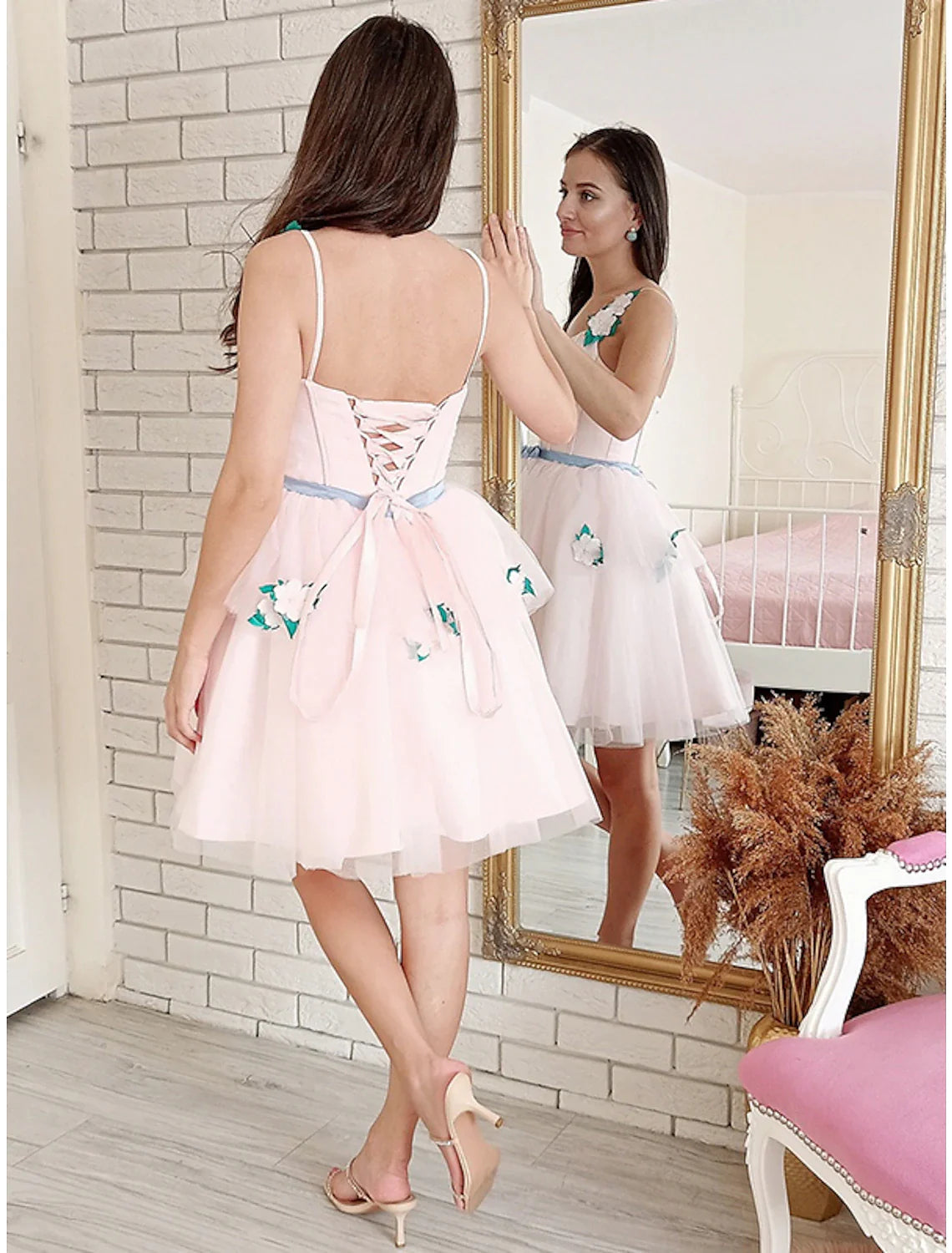 Wholesa A-Line Prom Dresses Floral Dress Party Wear Short / Mini Sleeveless Strapless Wednesday Addams Family Lace Backless with Appliques