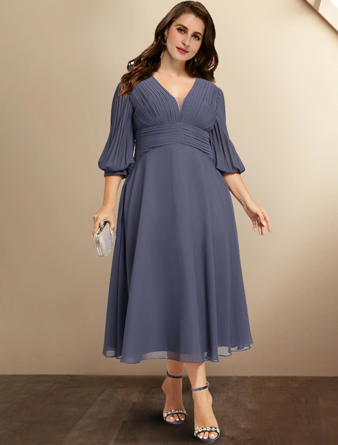 wholesale  A-Line Mother of the Bride Dresses Plus Size Hide Belly Curve Elegant Dress Formal Tea Length Half Sleeve V Neck Chiffon with Pleats Ruched Fall