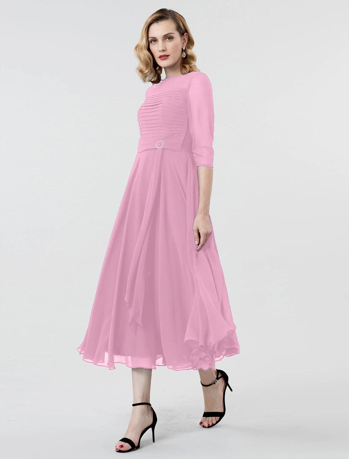 Wholesa A-Line Elegant Formal Evening Wedding Party Dress Boat Neck 3/4 Length Sleeve Tea Length Georgette with Ruched Crystal Brooch / Illusion Sleeve