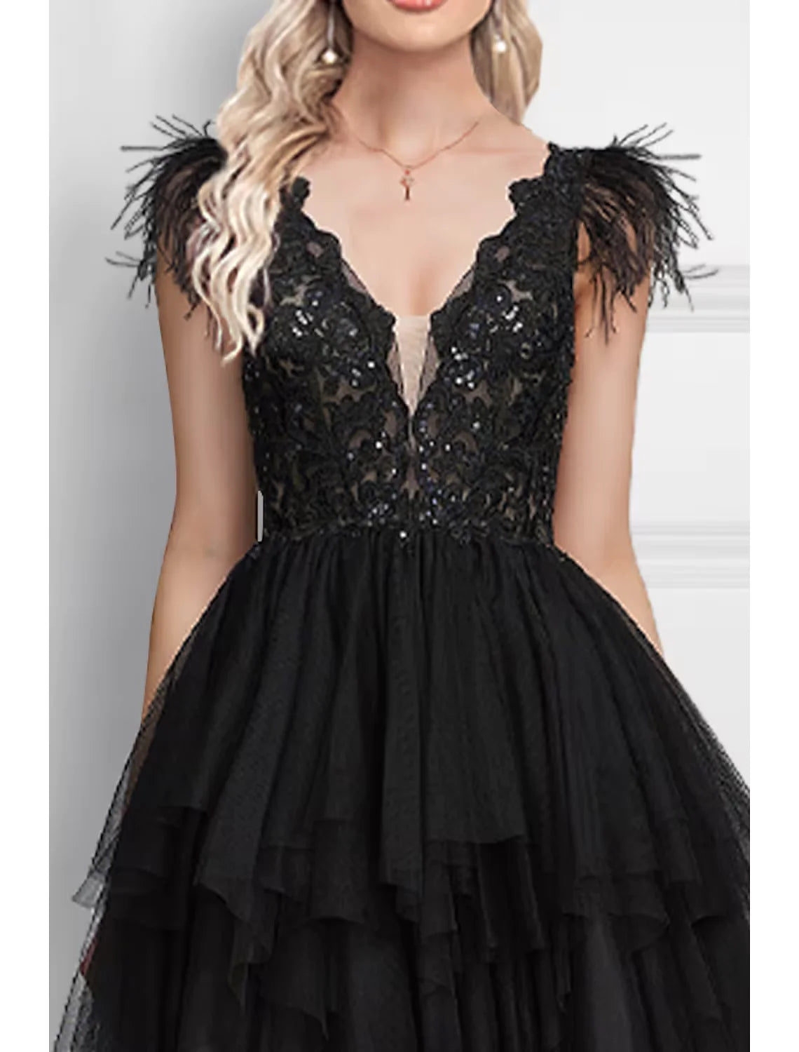 Wholesa A-Line Prom Dresses Black Dress Wedding Party Floor Length Sleeveless V Neck Tulle with Feather Appliques