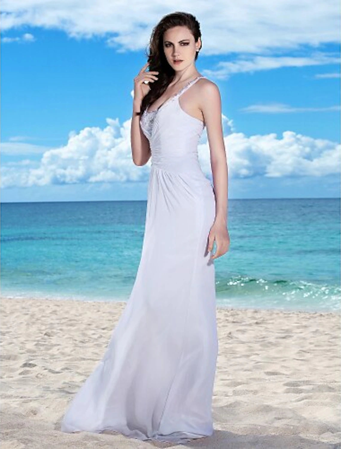Wholesa  Beach Wedding Dresses Sheath / Column Spaghetti Strap Sleeveless Floor Length Chiffon Bridal Gowns With Ruched Beading