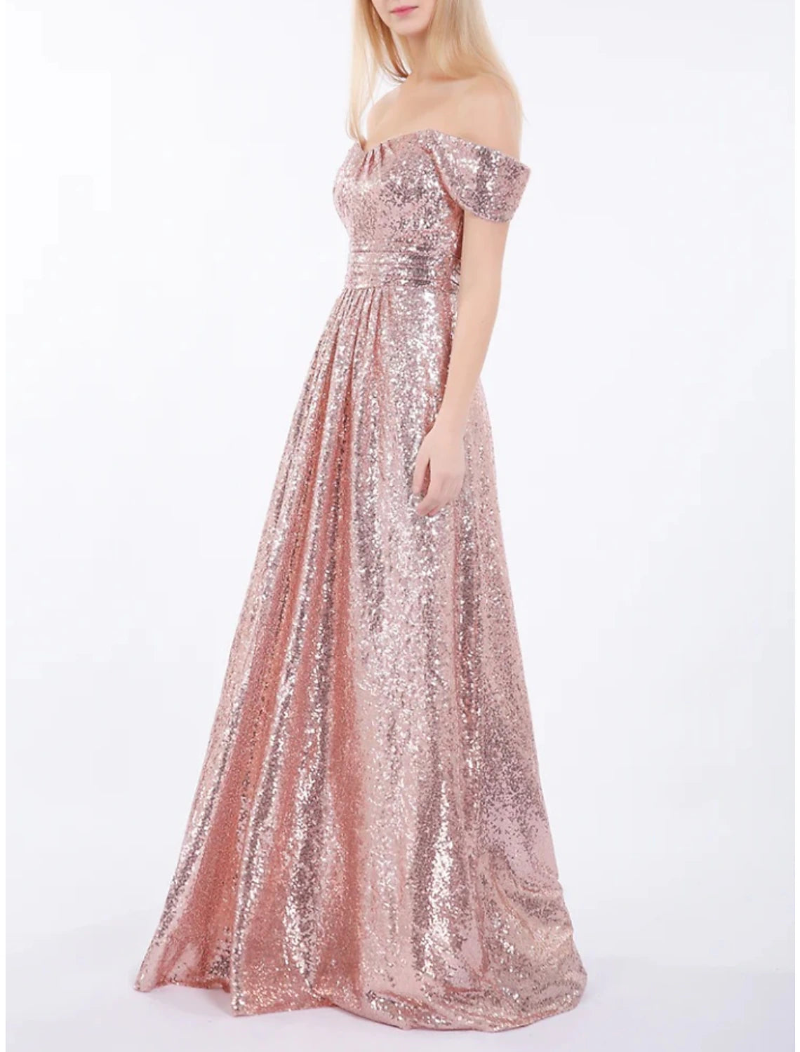 Wholesa  A-Line Bridesmaid Dress Off Shoulder Short Sleeve Elegant Floor Length Sequined with Ruching