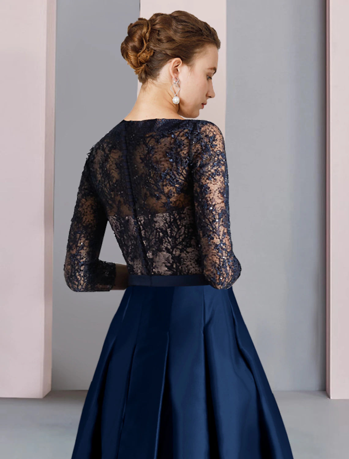 wholesale   A-Line Mother of the Bride Dress Formal Wedding Guest Party Elegant V Neck Tea Length Satin Lace Half Sleeve with Bow(s) Ruching