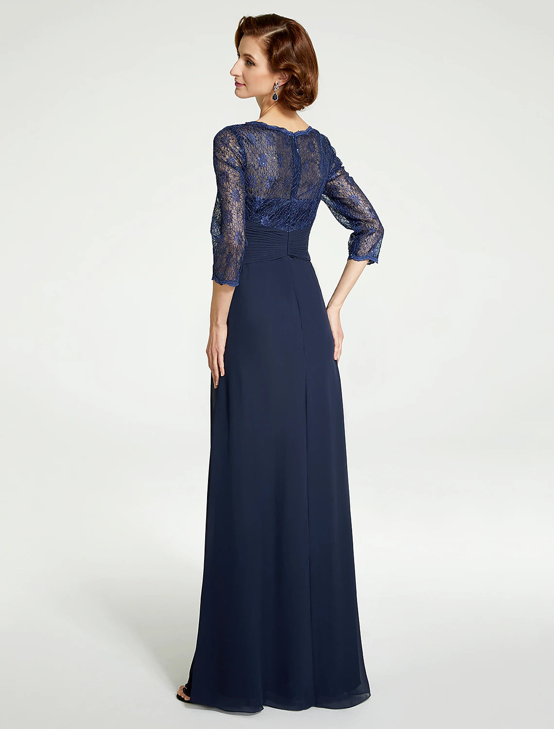 wholesale   A-Line Mother of the Bride Dress Jewel Neck Floor Length Chiffon Lace 3/4 Length Sleeve with Lace Ruching