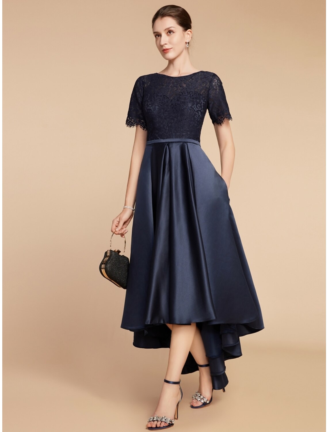 Wholesa  A-Line Mother of the Bride Dress Wedding Guest Elegant Jewel Neck Asymmetrical Satin Lace Short Sleeve with Ruching Solid Color