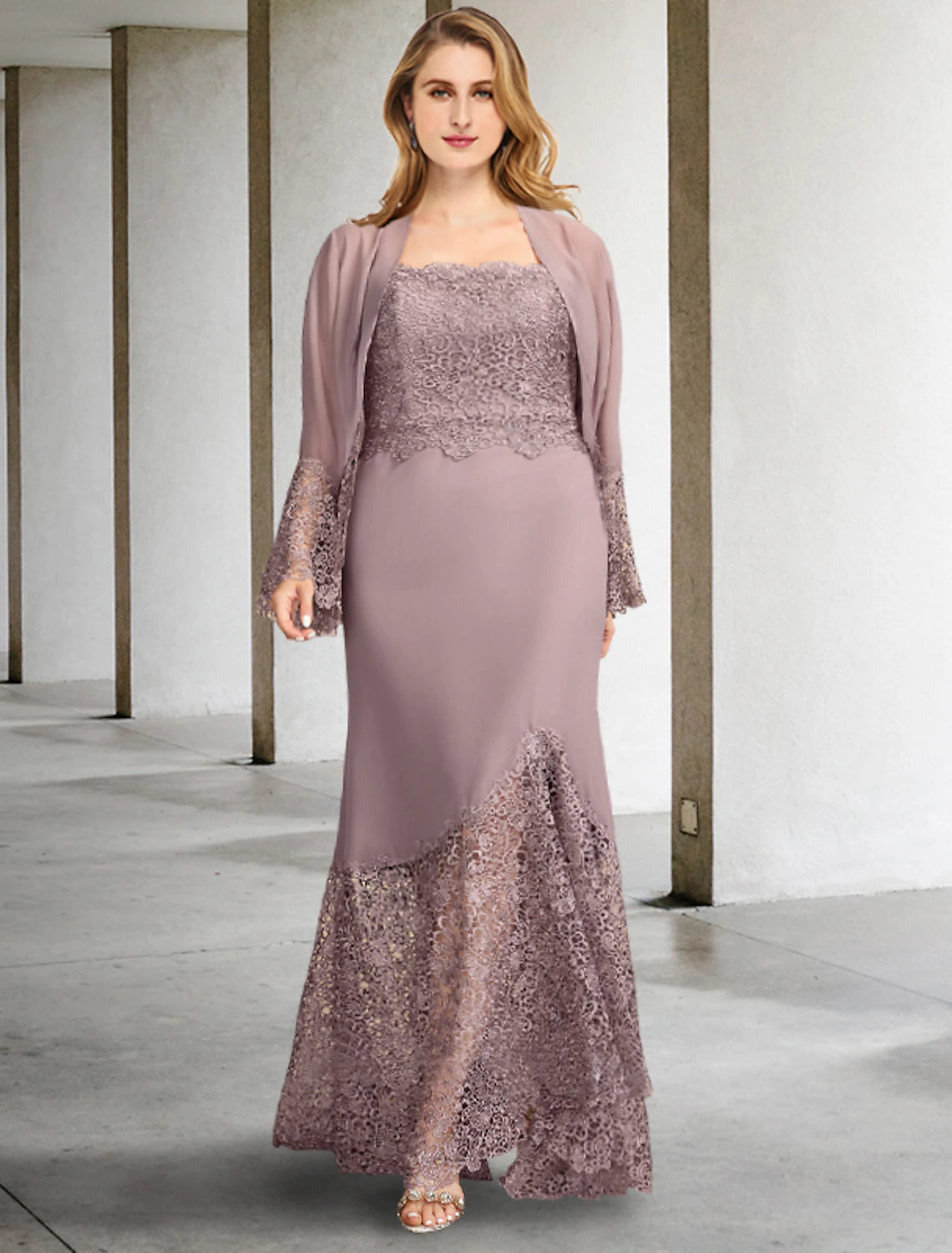 wholesale  Two Piece A-Line Mother of the Bride Dresses Plus Size Hide Belly Curve Elegant Dress Formal Asymmetrical Sleeveless Square Neck Chiffon with Appliques Splicing