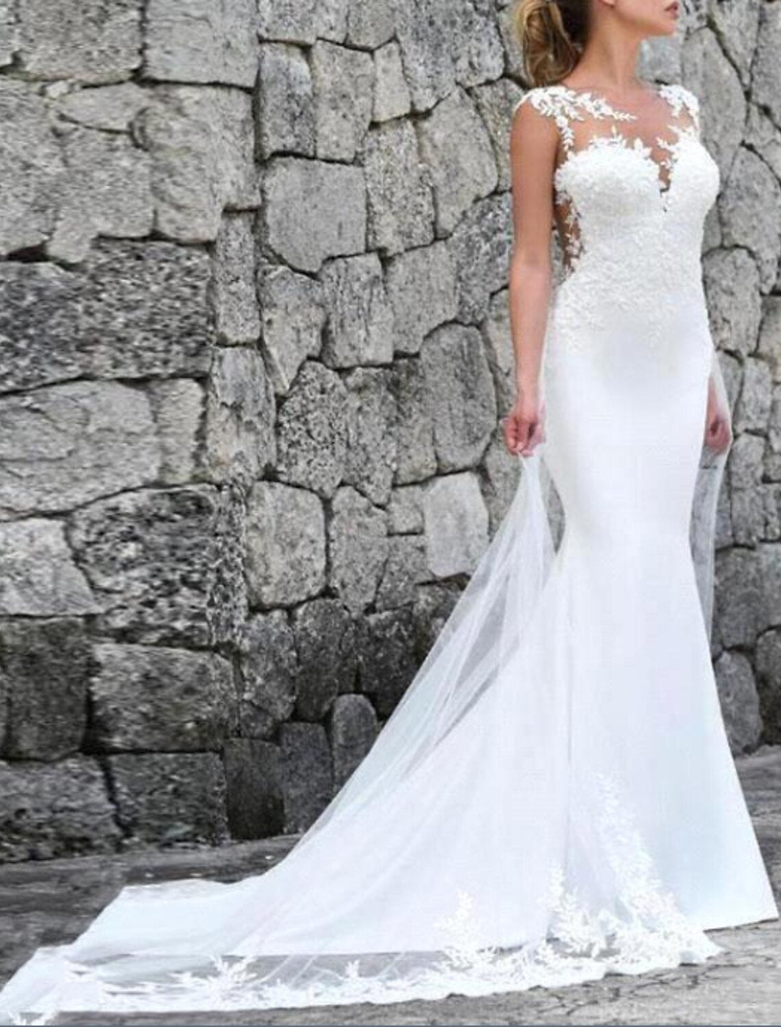 Wholesa Engagement Formal Wedding Dresses Mermaid / Trumpet Illusion Neck Cap Sleeve Court Train Lace Bridal Gowns With Lace Embroidery