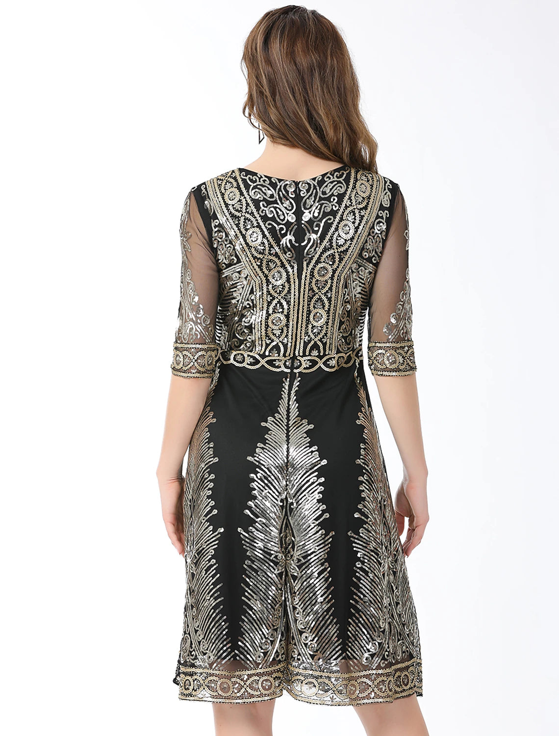 wholesa A-Line Elegant Vintage Holiday Party Wear Dress Jewel Neck Half Sleeve Knee Length Cotton Blend with Sequin Splicing