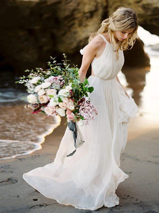 Wholesa Beach Open Back Boho Wedding Dresses Court Train A-Line Sleeveless Halter Chiffon With Solid Color