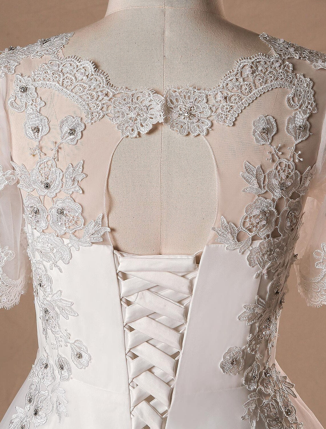 wholesale  Hall Wedding Dresses A-Line V Neck Half Sleeve Cathedral Train Satin Bridal Gowns With Lace Crystals