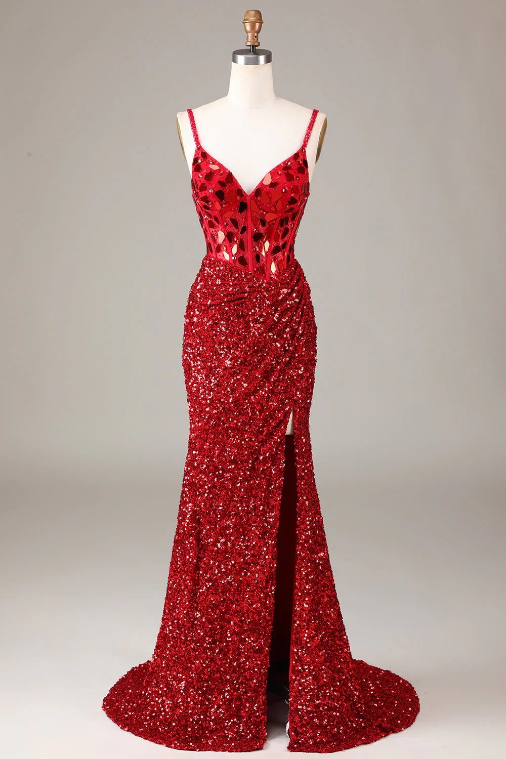 Wholesa A-line Glitter Mirror Sequins Corset Prom Dress with Slit
