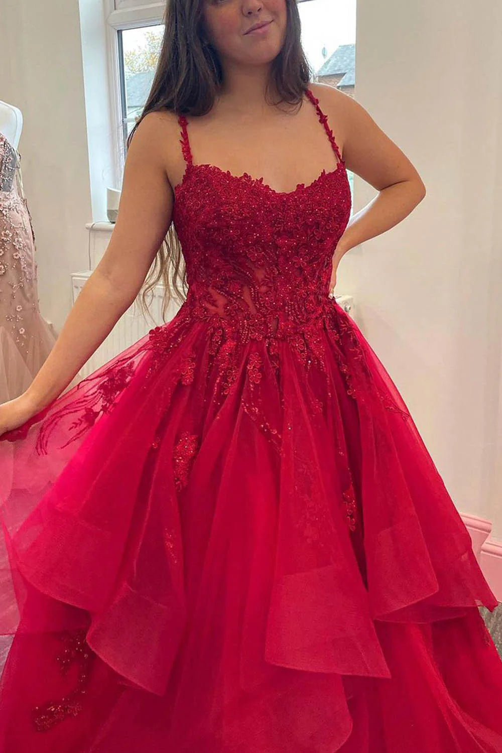 Wholesa A-Line Spaghetti Appliques Straps Tulle Long Prom Dress