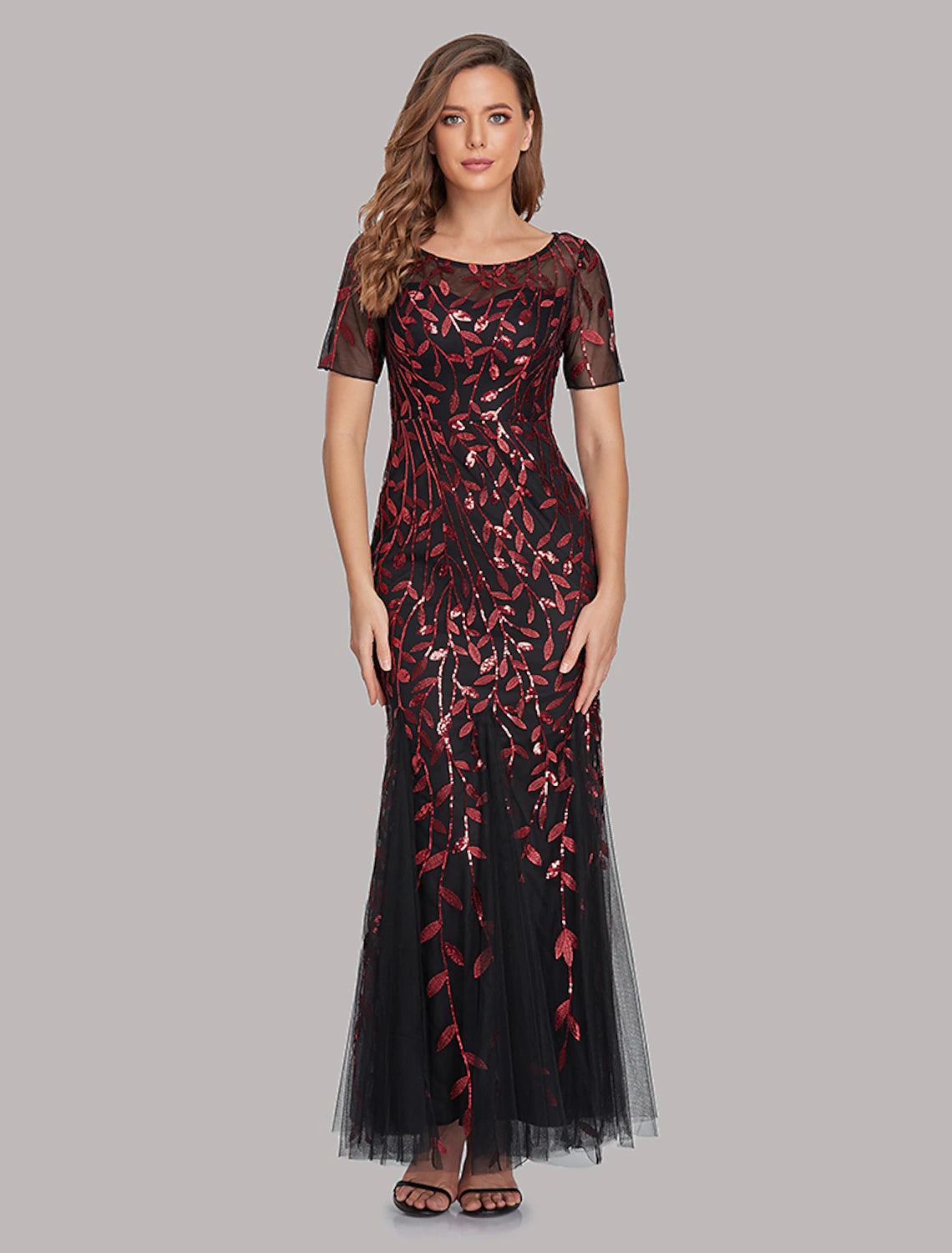 wholesa Mermaid / Trumpet Empire Elegant Party Wear Formal Evening Dress Jewel Neck Short Sleeve Floor Length Tulle with Embroidery / Illusion Sleeve