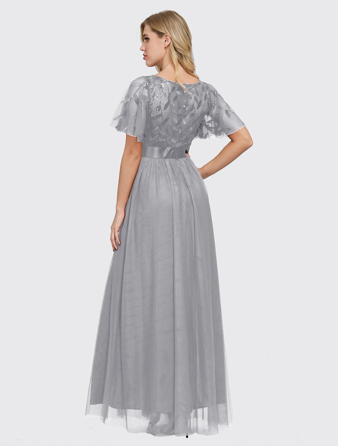 wholesa A-Line Empire Elegant Party Wear Prom Dress Jewel Neck Short Sleeve Floor Length Tulle with Embroidery / Illusion Sleeve