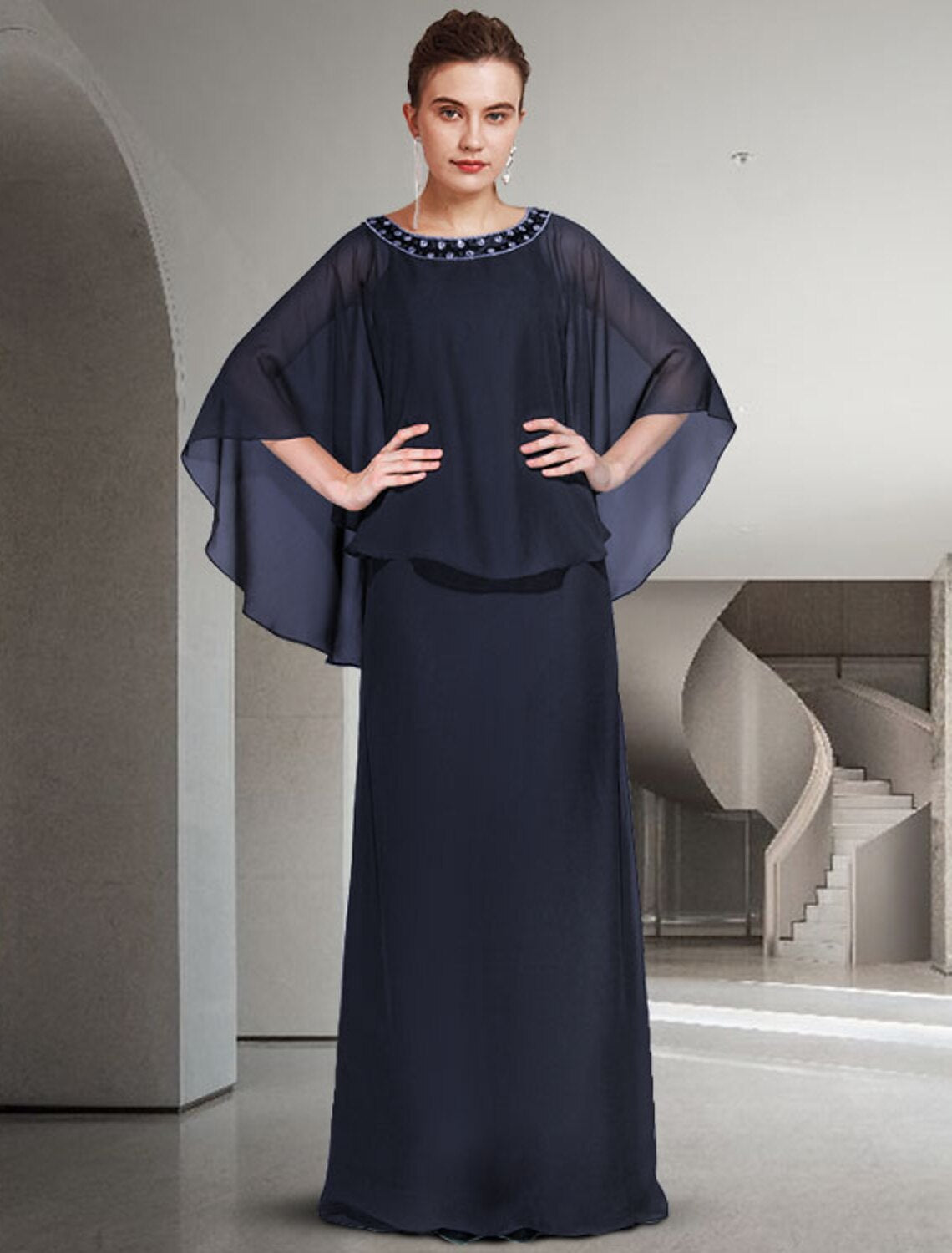 wholesale  Two Piece Sheath / Column Mother of the Bride Dress Elegant Jewel Neck Floor Length Chiffon Long Sleeve with Ruffles