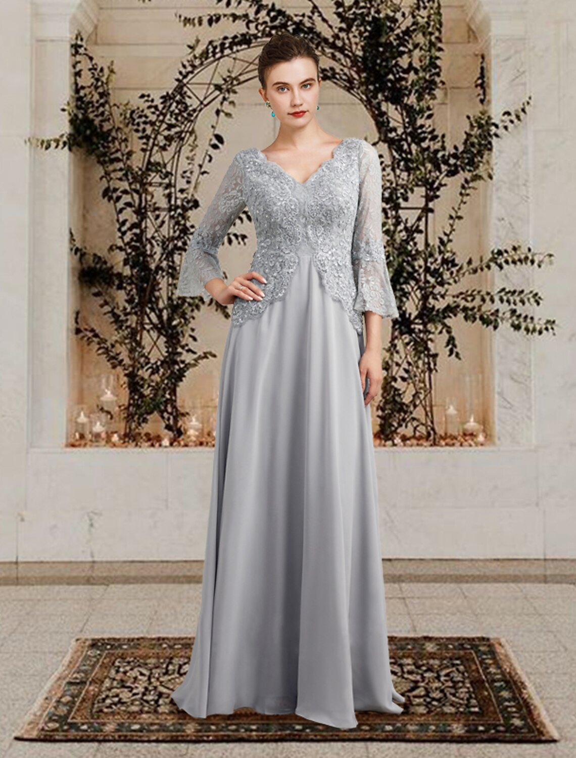 wholesale  A-Line Mother of the Bride Dress Plus Size Elegant V Neck Floor Length Chiffon Lace 3/4 Length Sleeve with Pleats Sequin Appliques