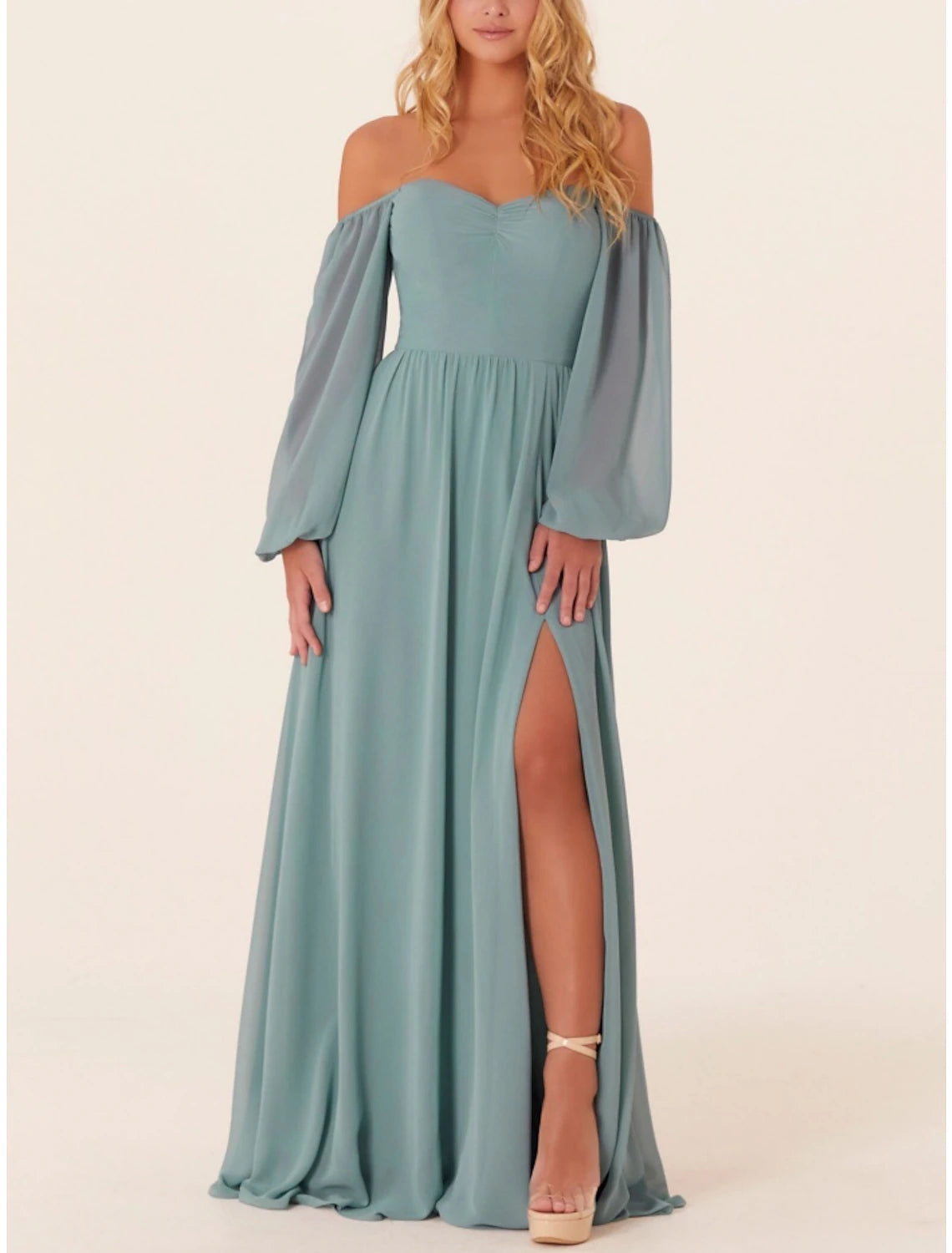 Wholesa  A-Line Bridesmaid Dress Square Neck Long Sleeve Elegant Sweep / Brush Train Chiffon with Split Front / Ruching