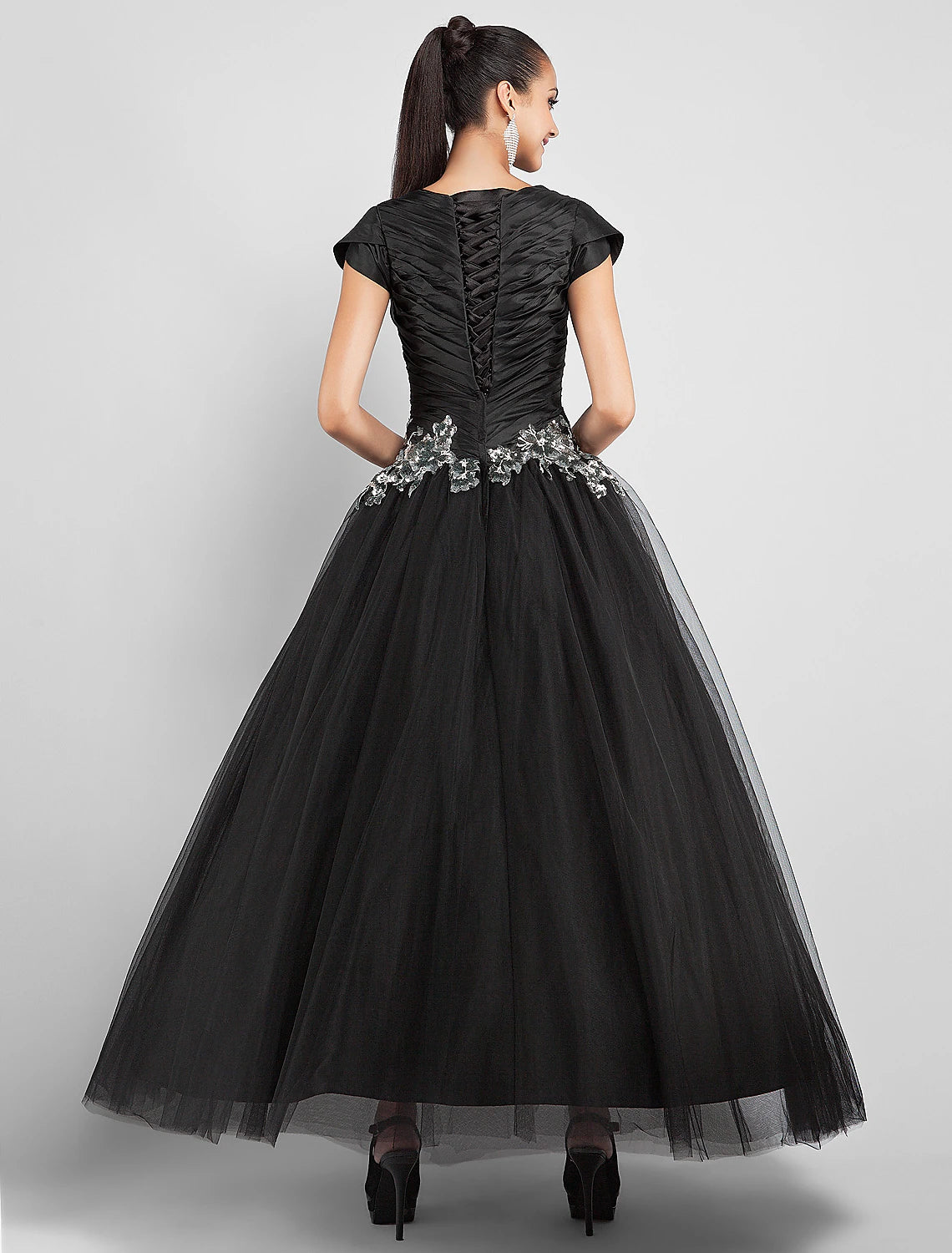 wholesale  Ball Gown Little Black Dress Dress Prom Formal Evening Ankle Length Short Sleeve Jewel Neck Taffeta with Appliques Side Draping