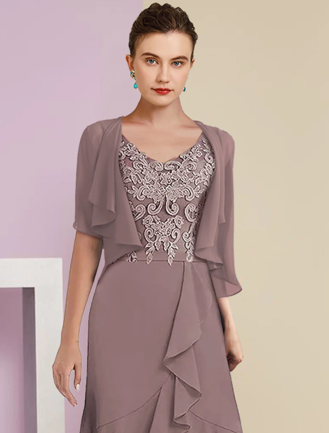 wholesale  Two Piece A-Line Mother of the Bride Dress Formal Fall Wedding Guest Elegant High Low V Neck Asymmetrical Tea Length Chiffon Lace Short Sleeve 3/4 Length Sleeve Wrap Included with Appliques