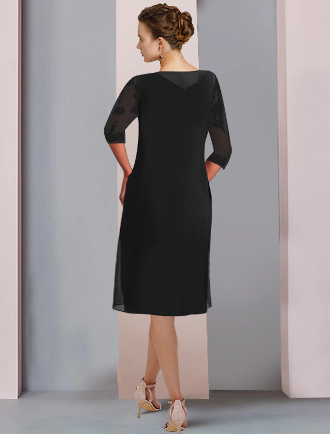 wholesale  Two Piece A-Line Mother of the Bride Dress Wedding Guest Elegant Scoop Neck Knee Length Chiffon Lace Half Sleeve Wrap Included Jacket Dresses with Ruched Appliques