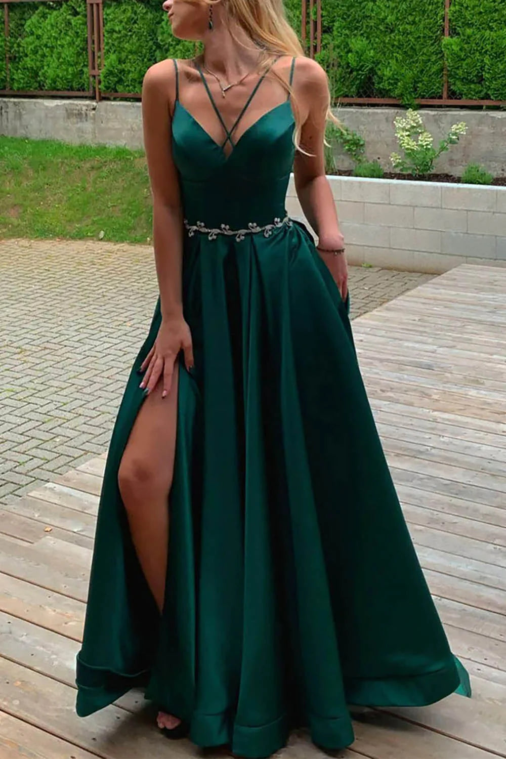 Wholesa A-Line Spaghetti Straps Satin Long Prom Dress with Slit
