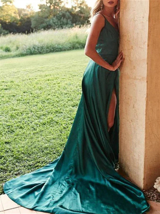 Wholesa A-Line Satin V-Neck Sweep Train Long Prom Dresses