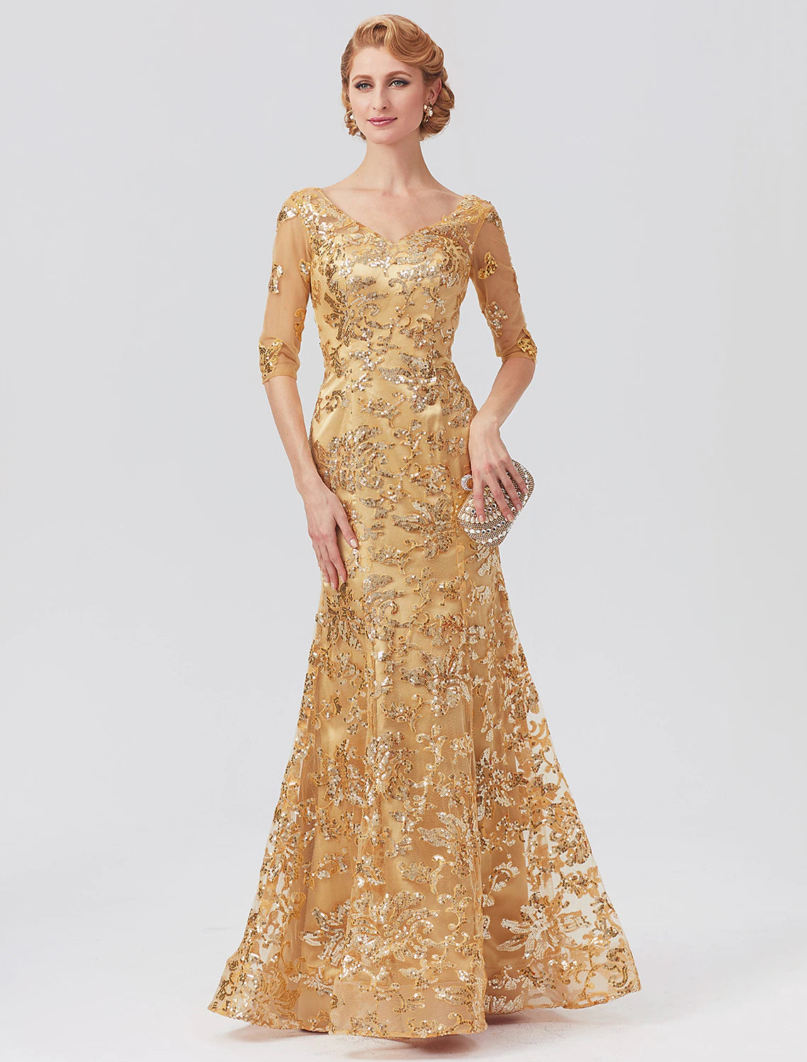 wholesale  Mermaid / Trumpet Mother of the Bride Dress Elegant Sparkle & Shine V Neck Floor Length Tulle Sequined Half Sleeve with Sequin