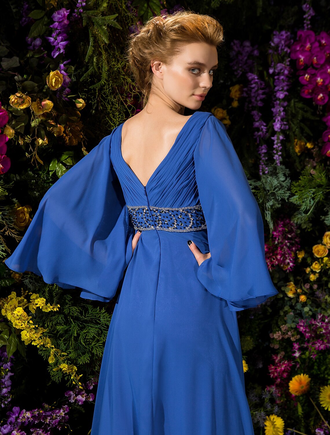 wholesale  A-Line Mother of the Bride Dress Vintage Inspired V Neck Floor Length Chiffon Long Sleeve with Crystals Beading Side Draping