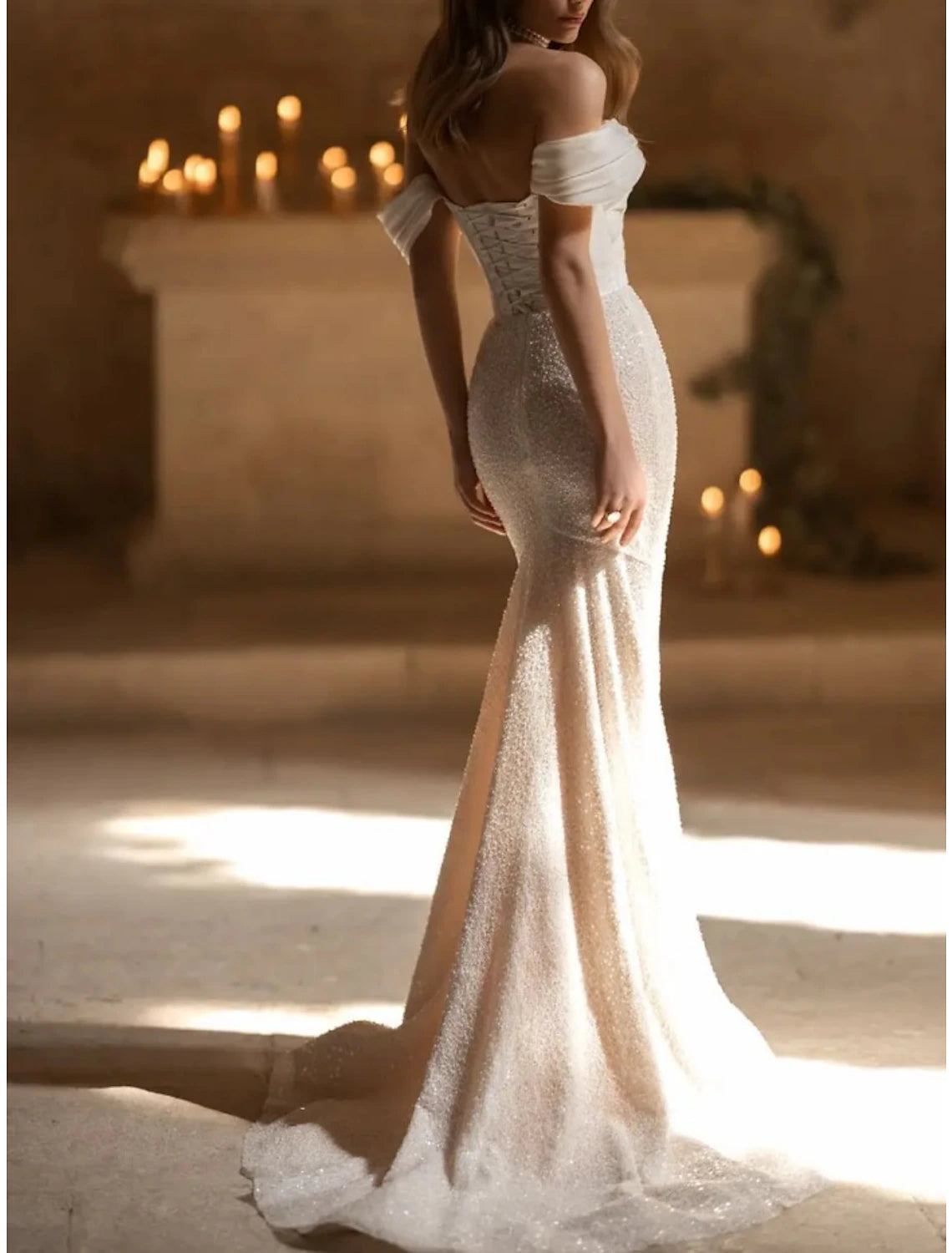 Wholesa Formal Wedding Dresses Mermaid / Trumpet Off Shoulder Sleeveless Court Train Satin Bridal Gowns With Pleats Solid Color
