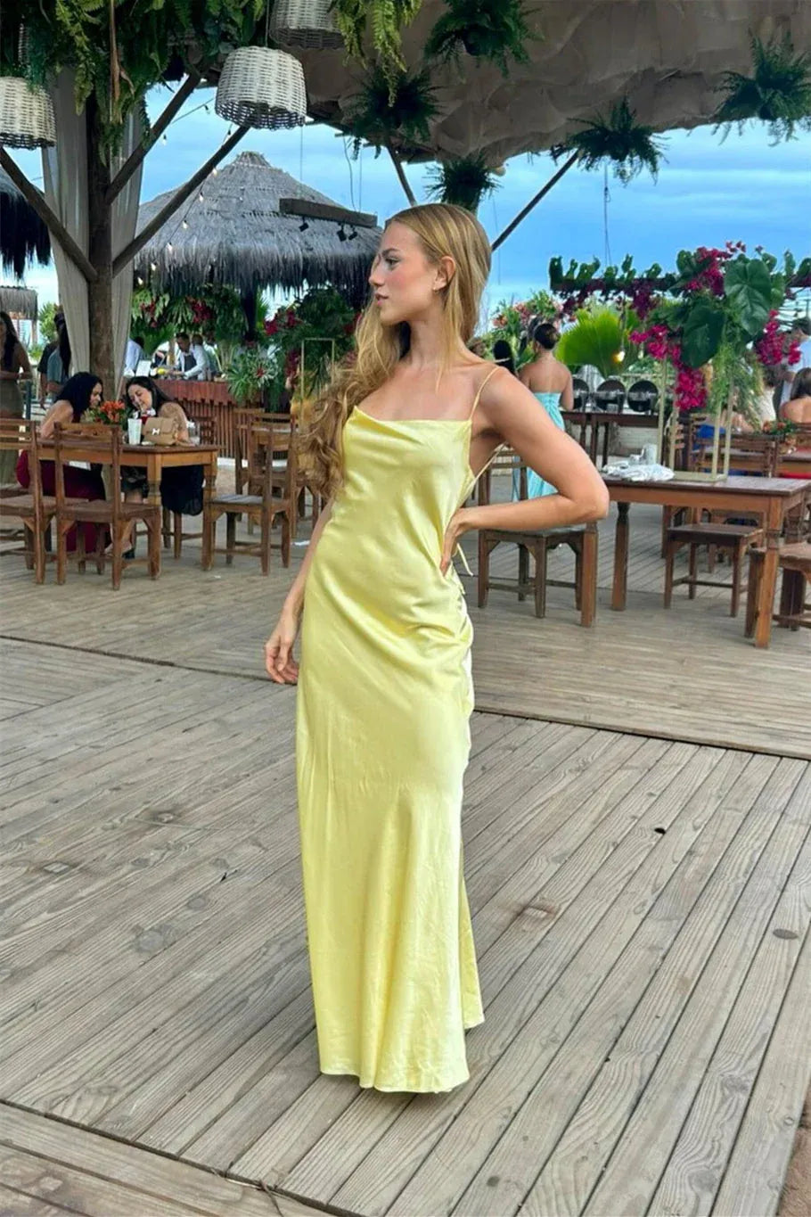 Effortless Cowl-Neck Open-Back Tie-Back Satin Prom Dress