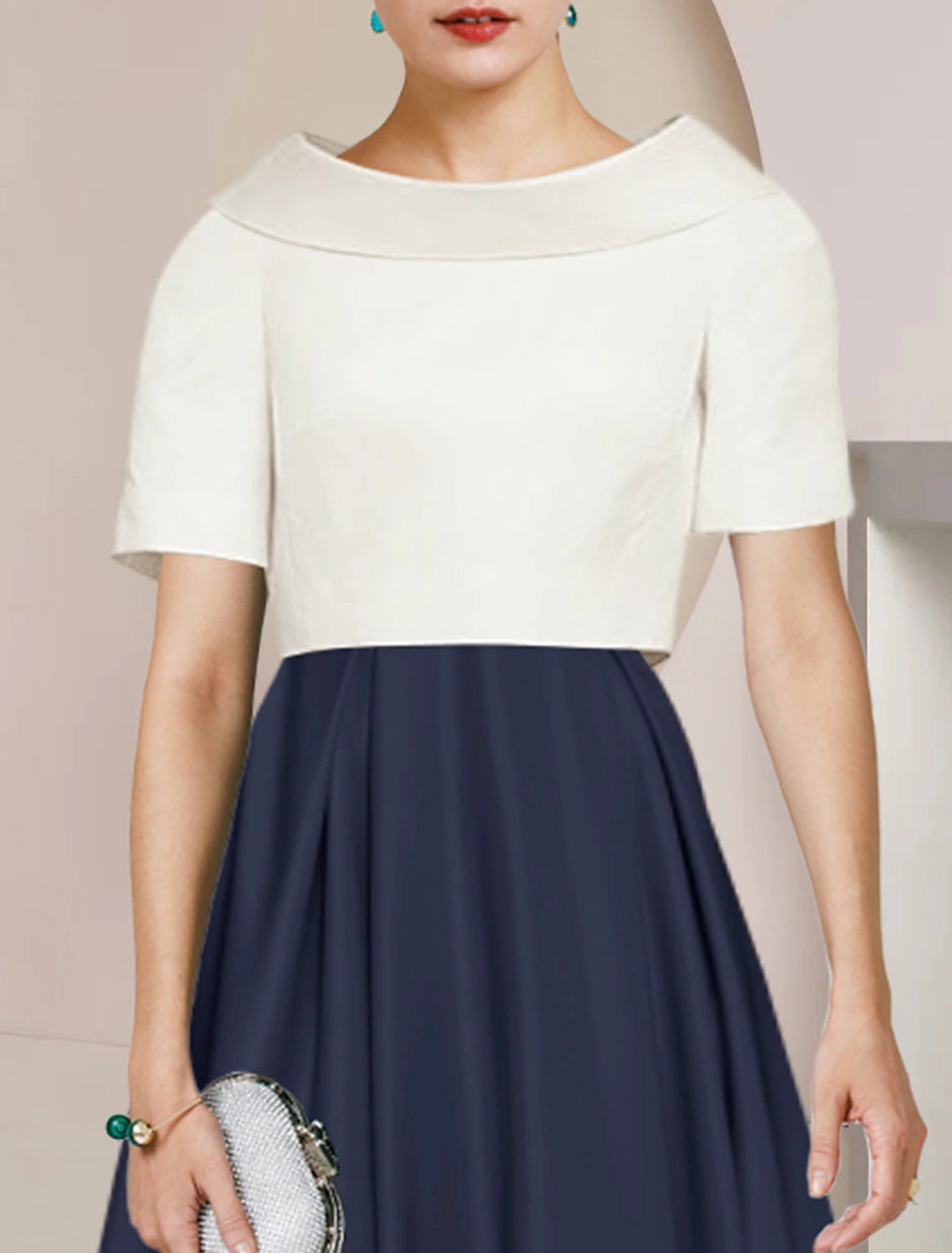 wholesale  A-Line Mother of the Bride Dress Formal Wedding Guest Party Elegant Scoop Neck Tea Length Satin Short Sleeve with Pleats Color Bloc