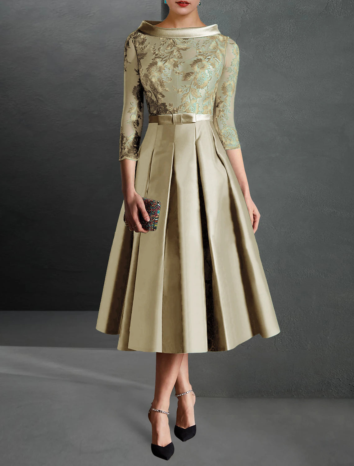 Wholesa A-Line Cocktail Dress Red Green Dresses Formal Kentucky Derby Tea Length 3/4 Length Sleeve Jewel Neck Fall Wedding Guest Satin with Pleats Appliques