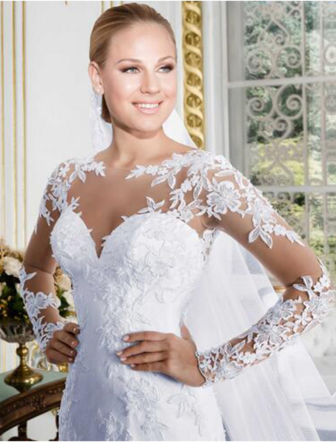 wholesale  Open Back Sexy Formal Fall Wedding Dresses Mermaid / Trumpet Illusion Neck Long Sleeve Chapel Train Lace Bridal Gowns With Lace Appliques