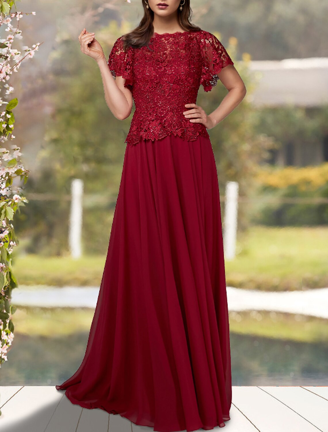 wholesale  A-Line Mother of the Bride Dress Plus Size Elegant Jewel Neck Floor Length Chiffon Lace Short Sleeve with Beading Appliques