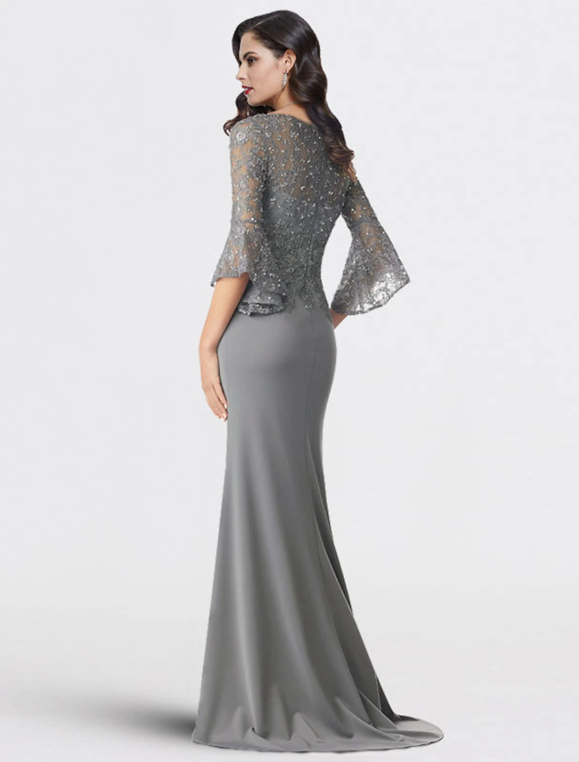 wholesale  Mermaid / Trumpet Mother of the Bride Dress Plus Size Elegant V Neck Sweep / Brush Train Chiffon Lace 3/4 Length Sleeve with Sequin Appliques