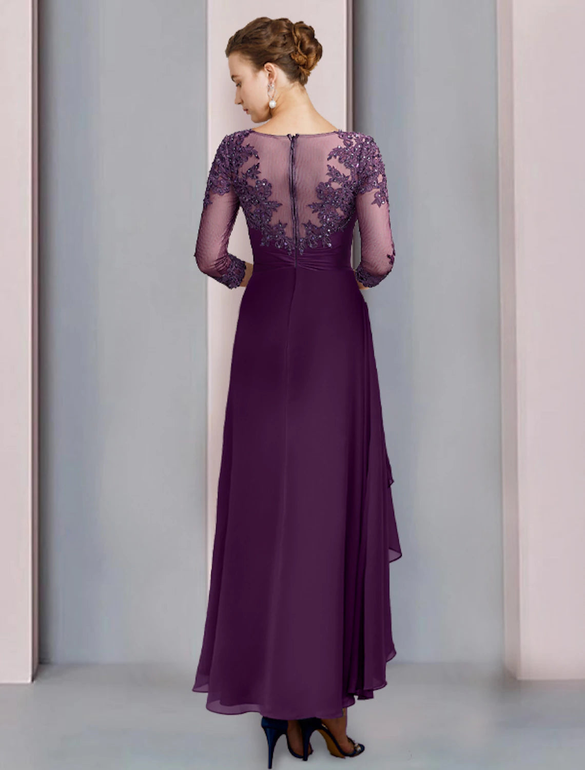 wholesale   Sheath / Column Mother of the Bride Dress Wedding Guest Party Elegant Scoop Neck Ankle Length Chiffon Lace 3/4 Length Sleeve with Pleats Sequin