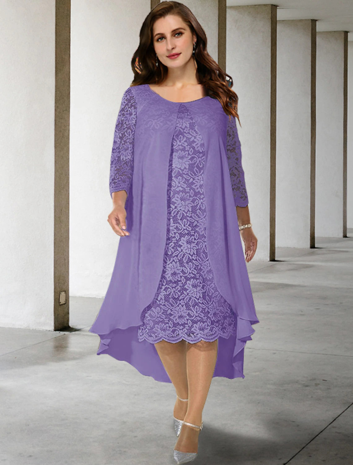 wholesale  A-Line Mother of the Bride Dresses Plus Size Hide Belly Curve Elegant Dress Formal Knee Length Half Sleeve Off Shoulder Chiffon with Appliques