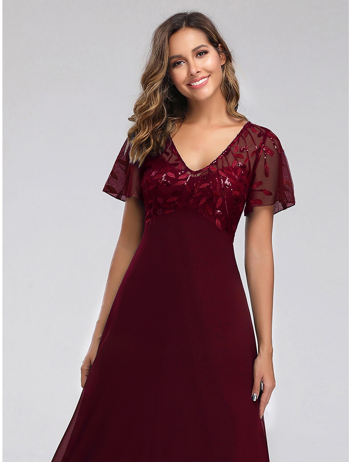 wholesa A-Line Wedding Guest Dresses Elegant Dress Fall Floor Length Short Sleeve V Neck Bridesmaid Dress Tulle with Sequin Appliques