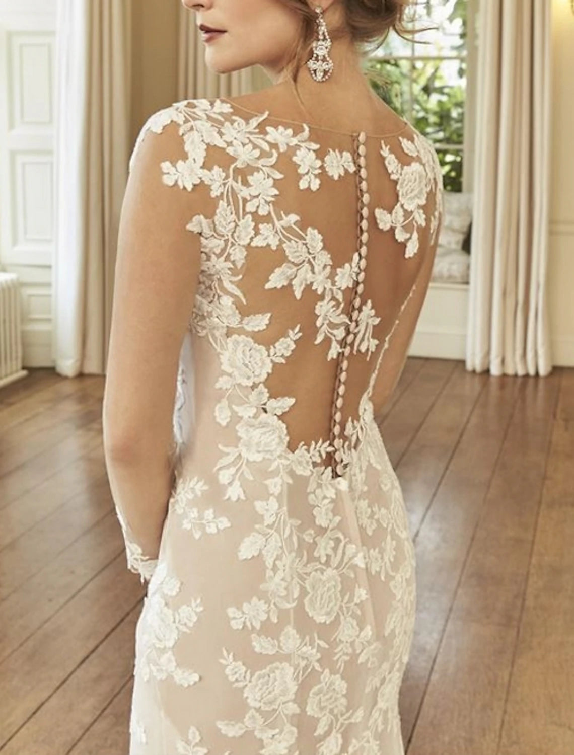 wholesale  Engagement Formal Fall Wedding Dresses Mermaid / Trumpet Illusion Neck Long Sleeve Court Train Lace Bridal Gowns With Embroidery