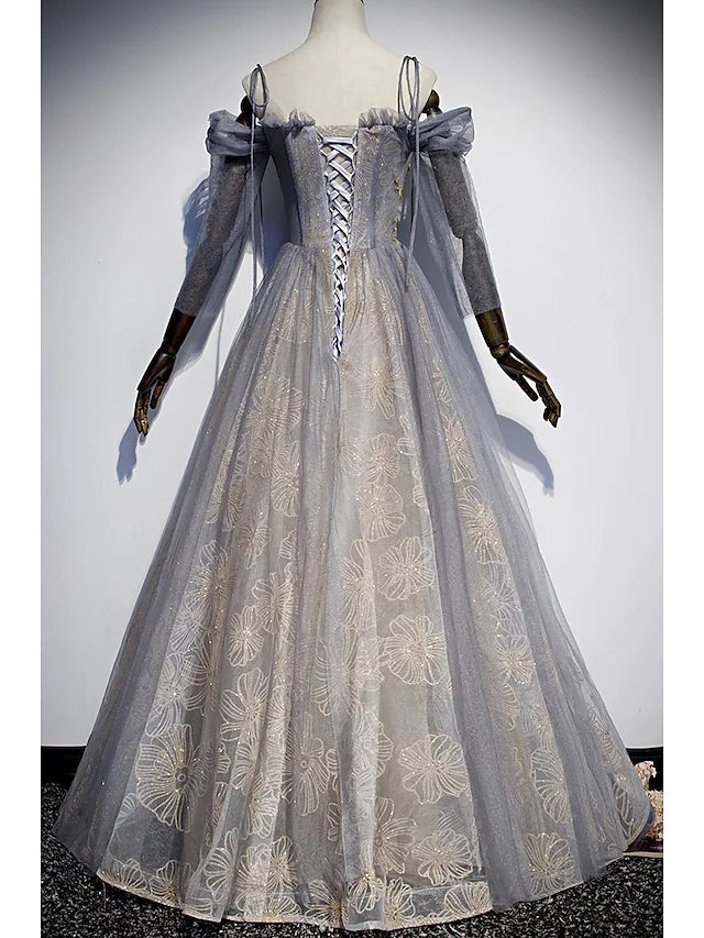 Wholesa A-Line Prom Dresses Glittering Dress Wedding Guest Floor Length 3/4 Length Sleeve Spaghetti Strap Tulle with Sequin Embroidery