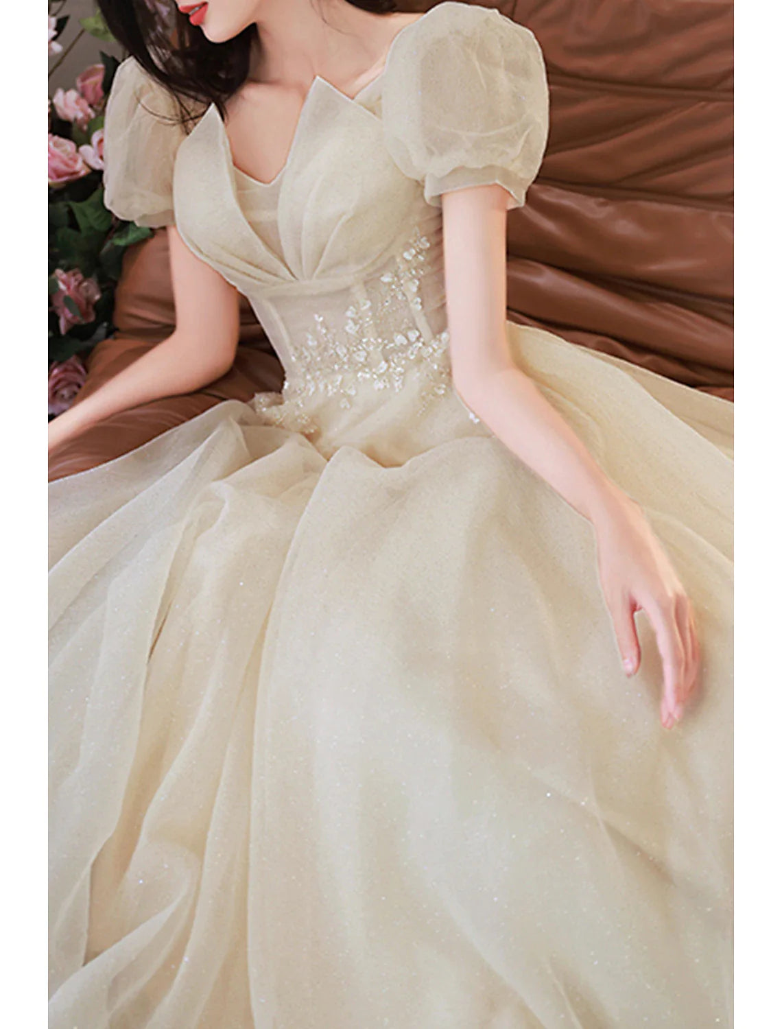 Wholesa A-Line Prom Dresses Sparkle & Shine Dress Prom Valentine's Day Floor Length Short Sleeve V Neck Tulle with Sequin