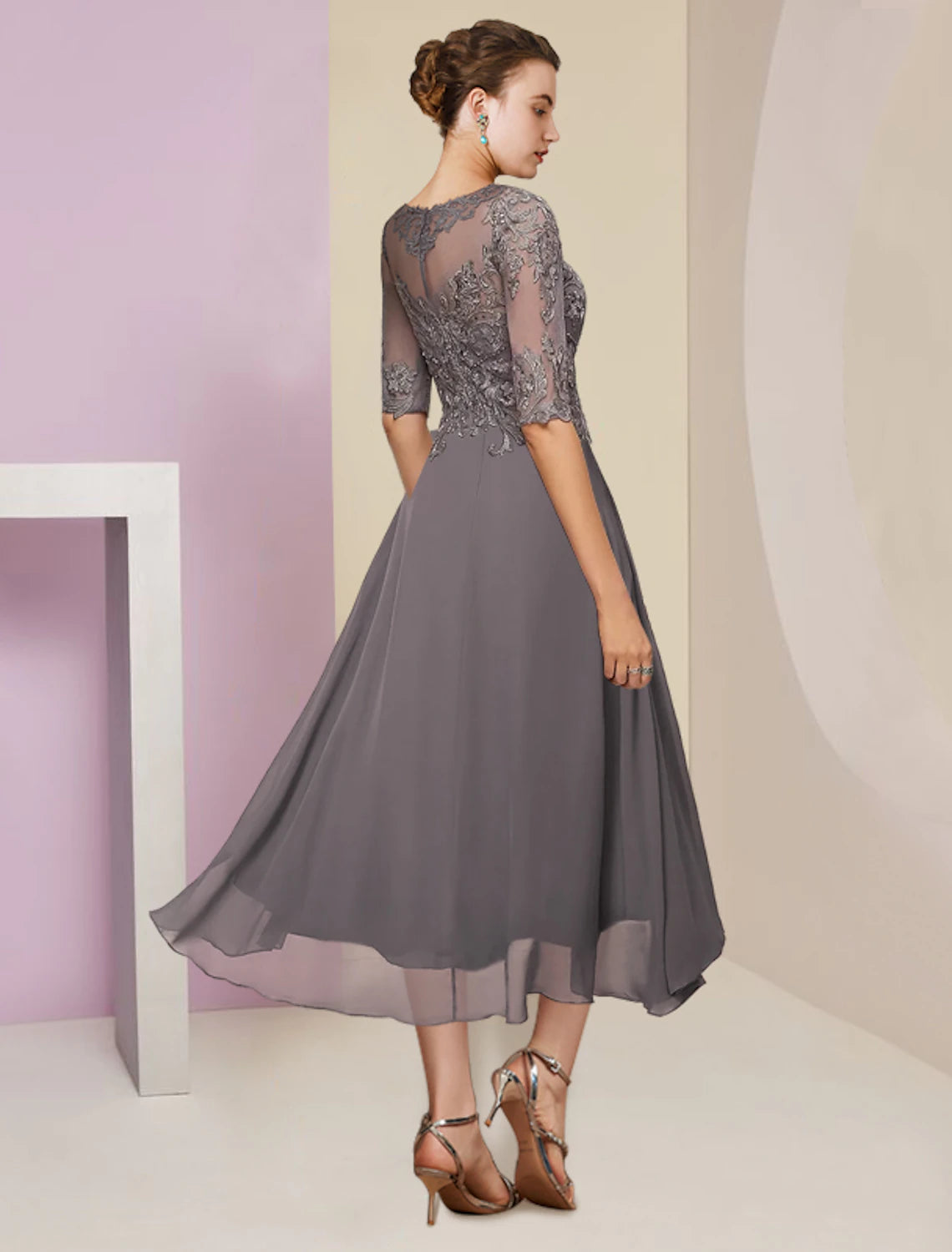 wholesale  Two Piece A-Line Mother of the Bride Dress Formal Wedding Guest Elegant Scoop Neck Tea Length Chiffon Lace Half Sleeve Wrap Included with Beading Sequin Appliques