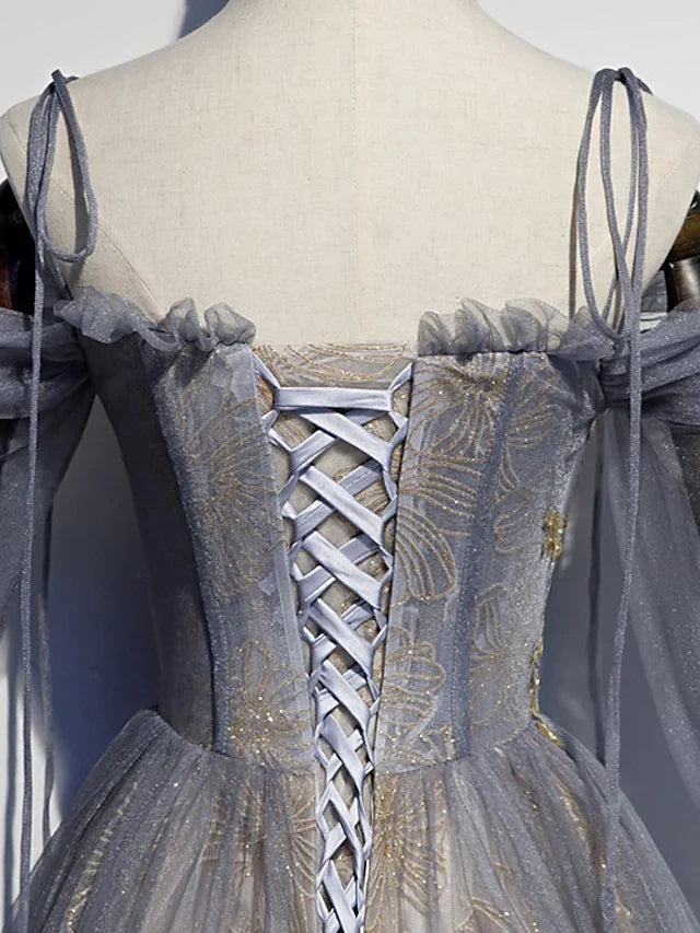 Wholesa A-Line Prom Dresses Glittering Dress Wedding Guest Floor Length 3/4 Length Sleeve Spaghetti Strap Tulle with Sequin Embroidery