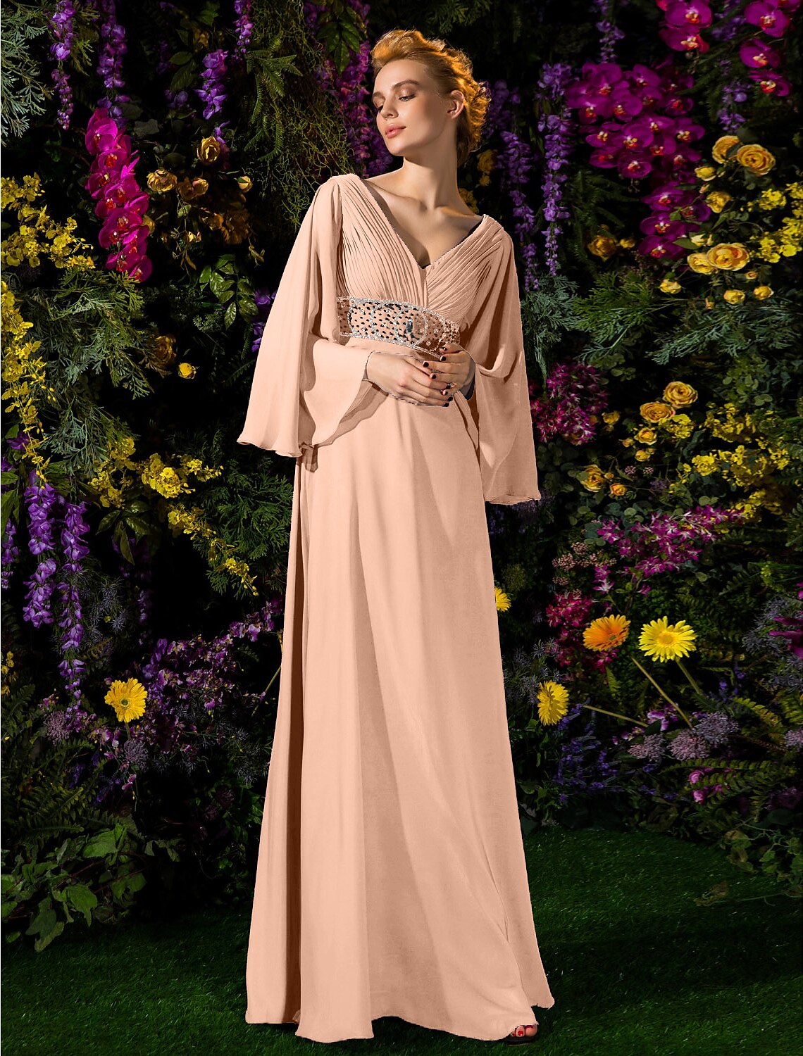 wholesale  A-Line Mother of the Bride Dress Vintage Inspired V Neck Floor Length Chiffon Long Sleeve with Crystals Beading Side Draping