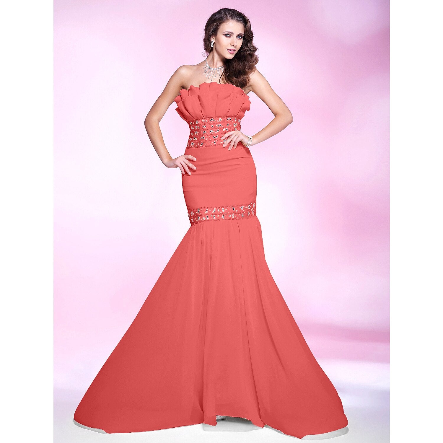 Wholesa Mermaid / Trumpet Elegant Engagement Formal Evening Dress Strapless Sleeveless Sweep / Brush Train Chiffon with Beading Ruffles